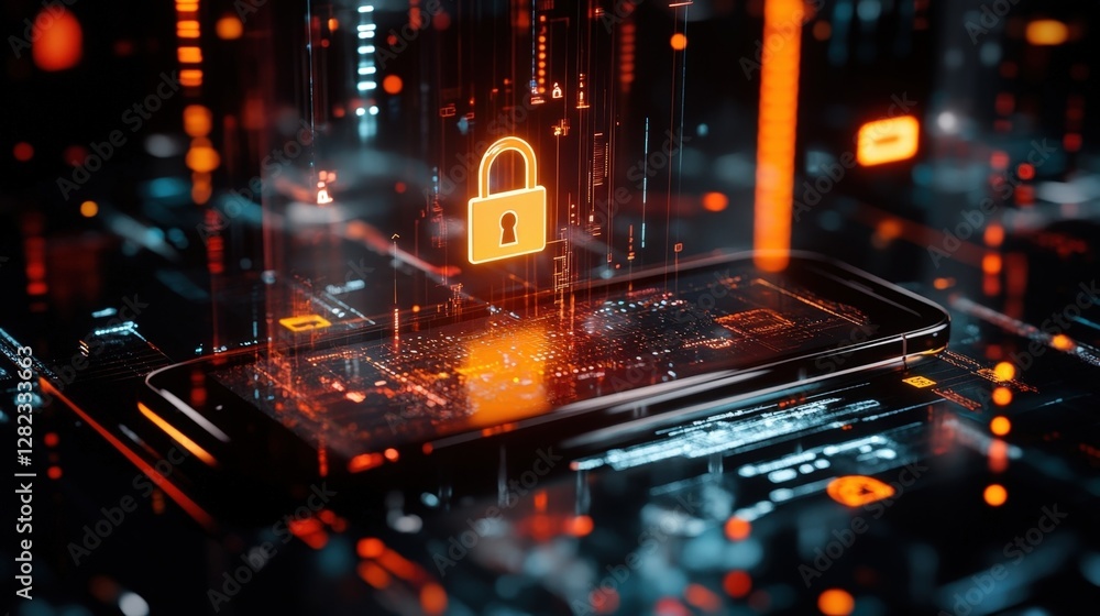Poster orange glowing digital padlock hovering over smartphone with futuristic interface, symbolizing mobil