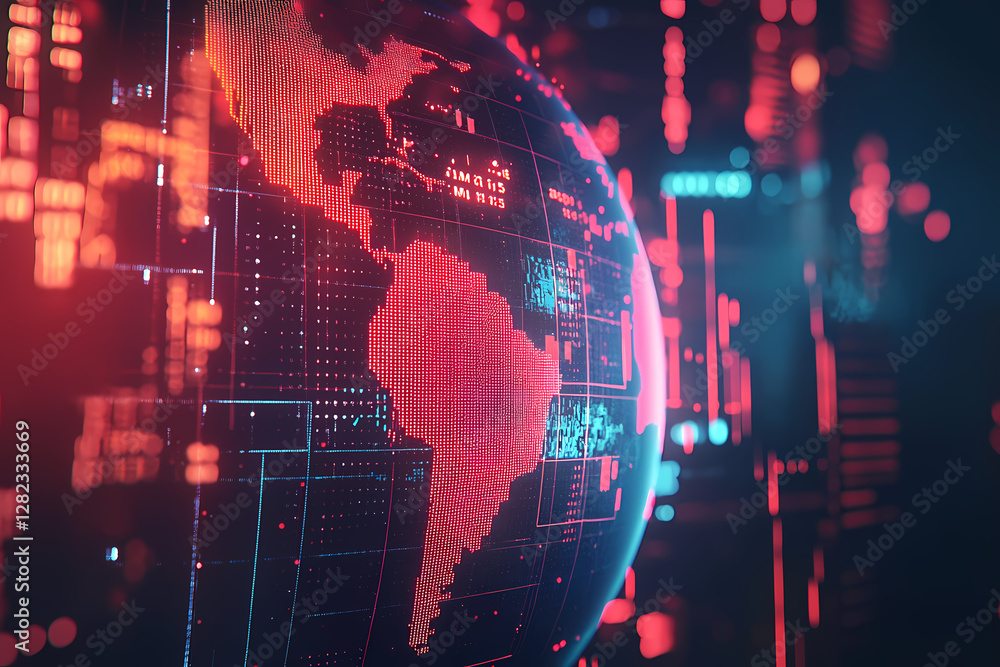 Aufkleber digital globe: a captivating digital rendering of the earth, aglow with vibrant red and blue hues, s