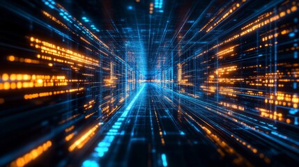 Futuristic Blue and Orange Digital Tunnel with Geometric Light and Data Network