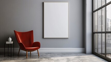 A red chair is in front of a white wall