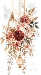 Fototapeta premium Watercolor floral arrangement featuring lanterns roses and foliage in warm tones. Delicate and elegant design for decoration or invitation background