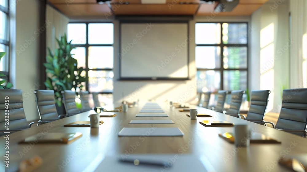Poster a large conference table with a projector screen in the background