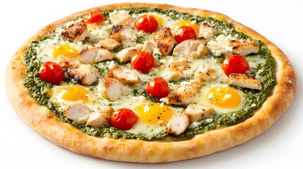 Hearty Mashup Breakfast Pizza with Homemade Pesto and Grilled Chicken for a Satisfying Meal Anytime