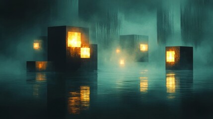 Fototapeta premium Abstract Cubes Glowing in Foggy Water Reflecting Light with Geometric Shapes Design