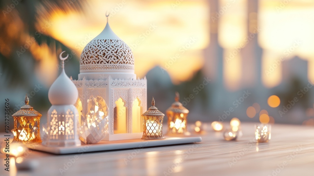 Poster white ornamental mosque and lanterns on a surface with blurred background capturing warm lighting an