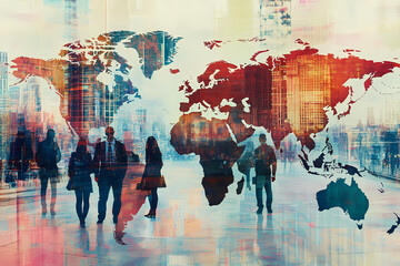 Global Business Landscape: A dynamic visual of global connectivity, with people walking over a vibrant world map, symbolizing international business, travel, and interconnectedness.
