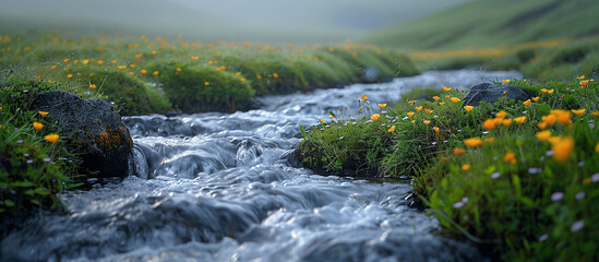 Mountain Stream Flowing Through Wildflowers.