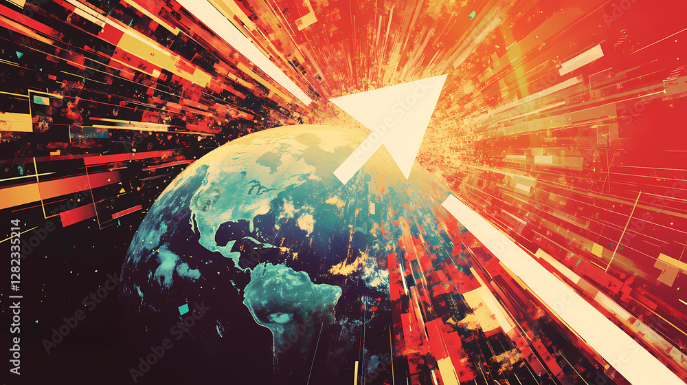 Poster global growth trajectory: an abstract digital depiction of the earth, with an upward-pointing arrow 