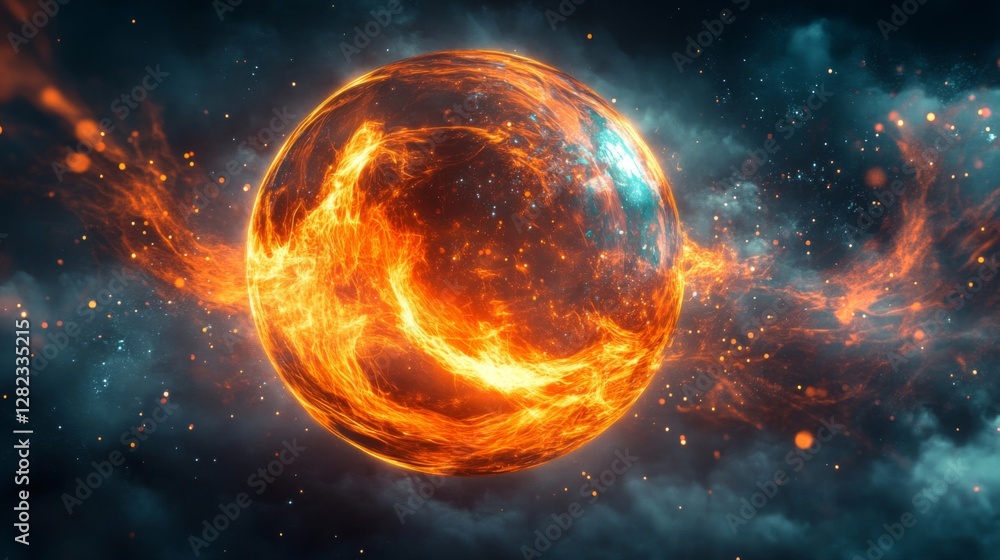 Poster fiery sphere of energy with plasma and light in abstract space background