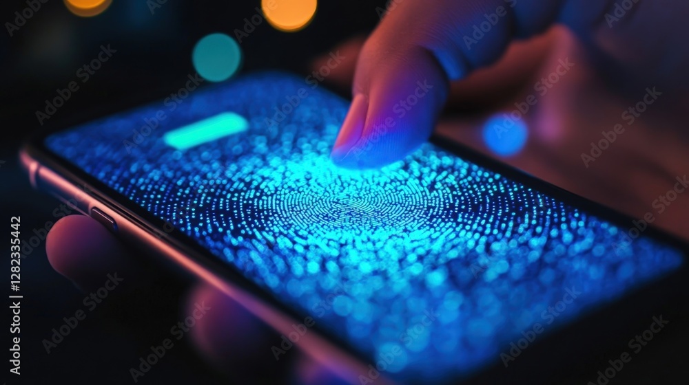 Poster fingers activating a futuristic fingerprint scanner on a smartphone screen, highlighting advanced mo