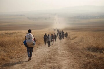 Refugees walking on dusty road leaving home country