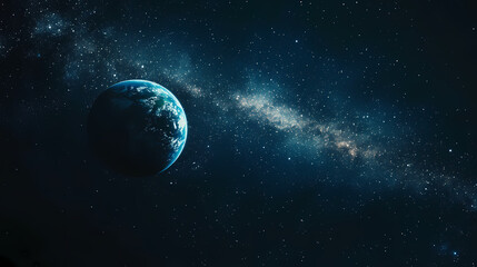 Obraz premium The Earth in Space: A breathtaking view of our planet floating serenely against a backdrop of a vast, star-studded expanse and the ethereal glow of the Milky Way.