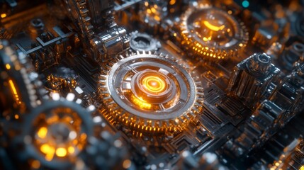 Abstract Close Up of Complex Orange Metallic Machine Gears and Intricate Structure