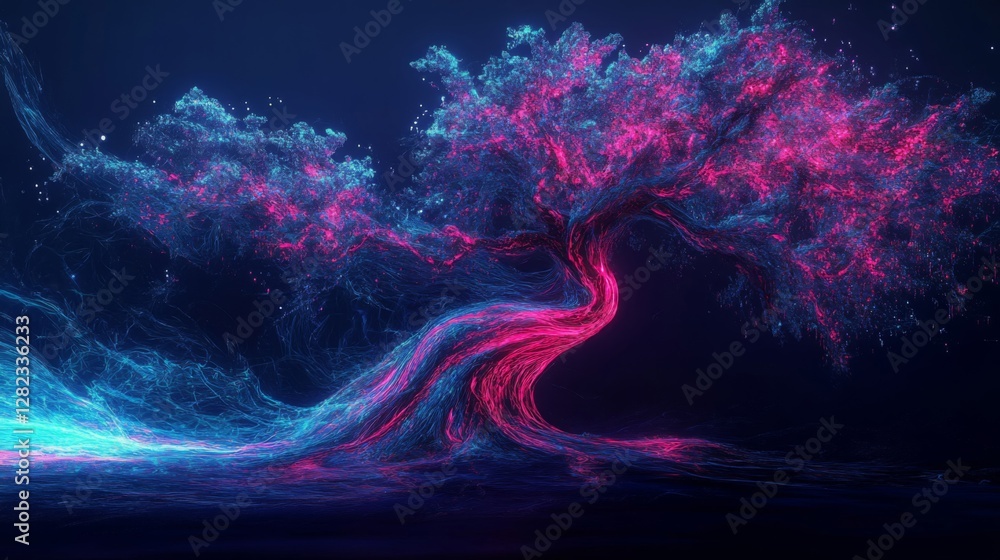 Poster abstract glowing tree with pink and blue particles on dark gradient background