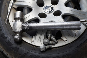 rueda, automotriz, mecánico, close-up, viejo, discos de freno