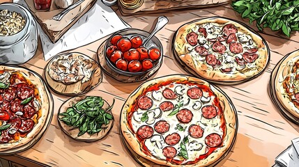 A vibrant display of assorted pizzas showcasing a variety of flavors and ingredients for every taste preference