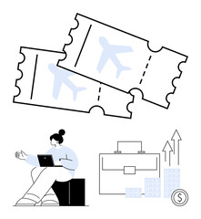 Woman with laptop considering airplane tickets, briefcase, money coins stacks, arrows pointing up. Ideal for business travel, financial planning, investment growth, budgeting, decision making career
