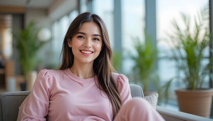 Smiling Woman Relaxing in Modern Setting Wearing Casual pink Attire