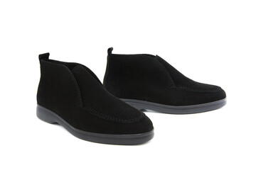 Fashionable suede leather shoes with low heels isolated on white background. Loafers. Moccasins. View from all sides.	