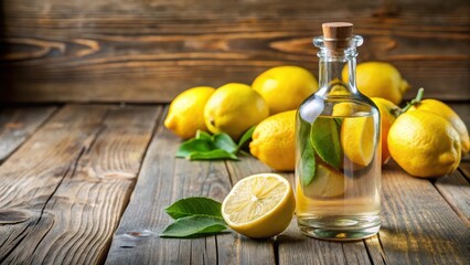 Close-up of a transparent glass bottle filled with a clear, yellowish liqueur surrounded by two fresh lemons on a wooden table , drinkware, Italian lemon liqueur