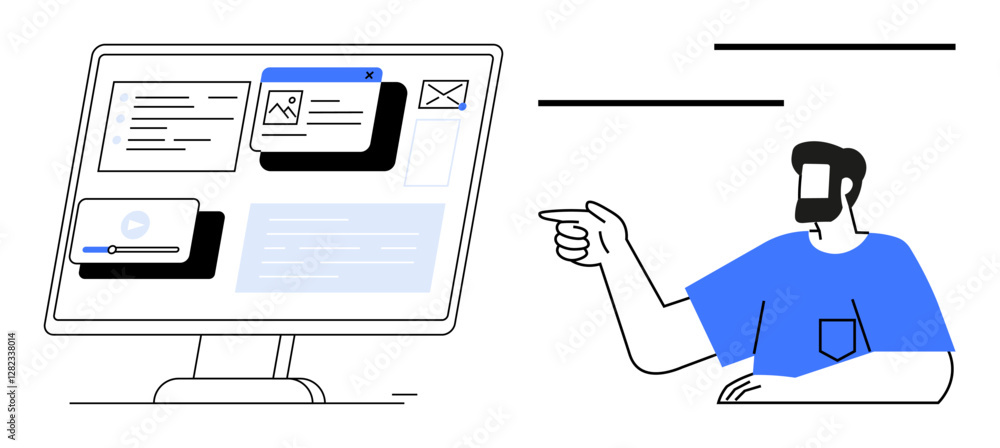 Aufkleber man in blue shirt points at a computer screen with various windows open. ideal for technology, user 