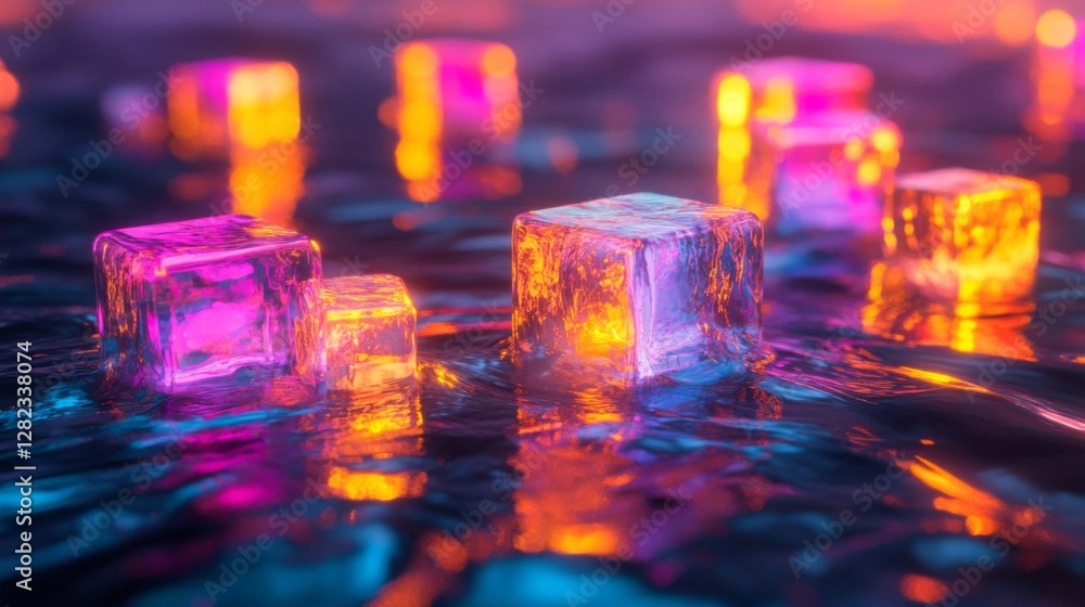Aufkleber illuminated colorful ice cubes on wet reflective surface in abstract arrangement