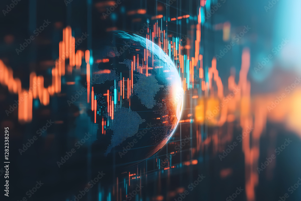 Poster global market dynamics: a captivating image of the earth encompassed by dynamic stock charts, visual