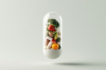 Transparent pill containing fruits, vegetables, and medicine represents natural supplements
