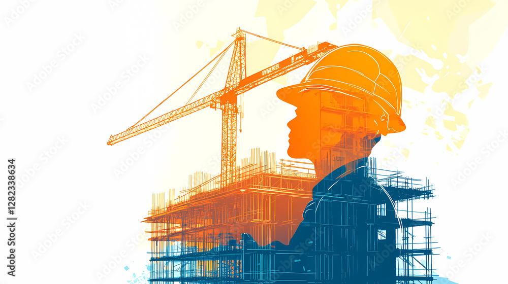 Poster visionary builder: a composite image merging the silhouette of a construction worker with a construc