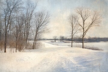 Winter sunrise, snowy path, frozen lake, tranquil scene, nature photography