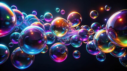 Swirling abstract neon bubbles suspended in mid-air against a dark