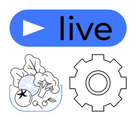 Play button and live text, bowl of vegetables, and gear icon symbolize streaming, healthy lifestyle, and settings. Ideal for food blogging, tech, media, live demos and wellness in abstract line flat