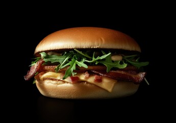 Bacon Cheeseburger Studio Shot, Dark Background, Food Photography, Menu Use