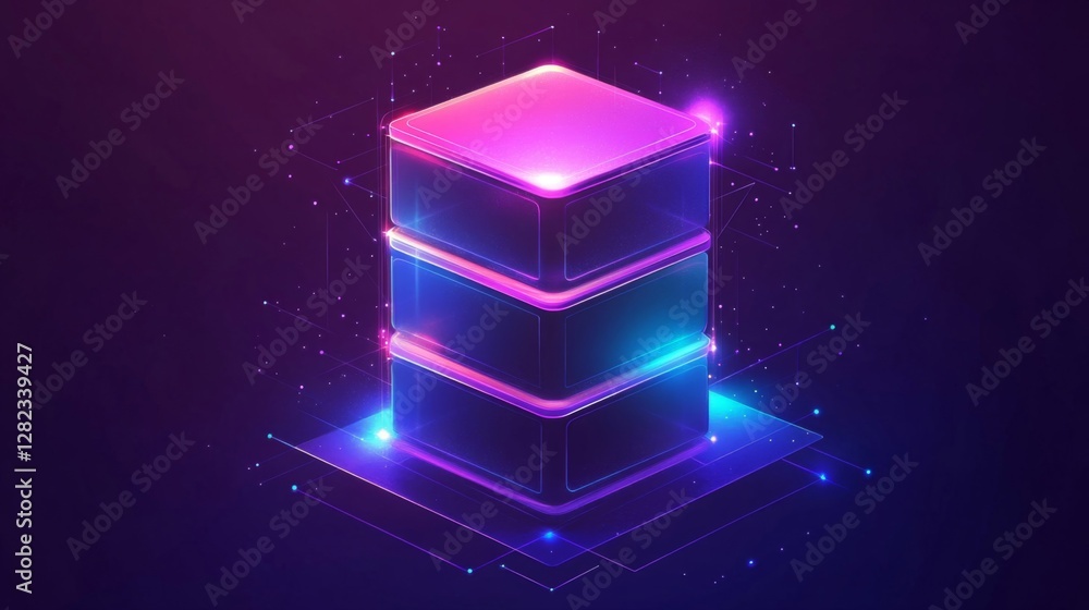 Poster abstract isometric cube structure with glowing neon edge on dark backdrop