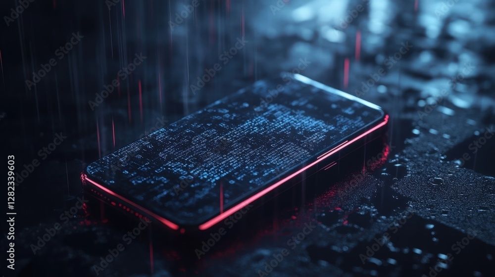Poster futuristic smartphone displaying encrypted data on its screen under digital rain, symbolizing cyber 
