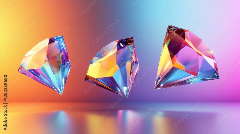 Poster three glossy iridescent diamond shapes hovering on a reflective surface with rainbow background