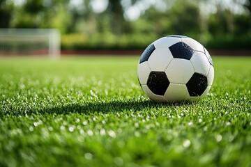 Close-up of a soccer ball resting on a green field with open space surrounding it for text overlay.
