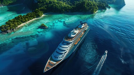 Aerial view luxury cruise ship sailing turquoise tropical sea near islands and a speed boat with crisp detail.
