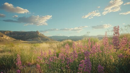 Fototapeta premium Sunset over wildflowers in a mountain valley.