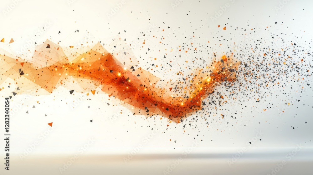 Poster abstract orange wave with particles on a gradient background with geometric shapes