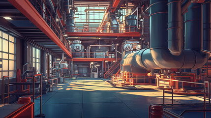 Industrial Powerhouse: A detailed and artistic rendering of an industrial facility, showcasing a complex network of machinery, pipes, and tanks within a spacious building.
