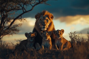 Majestic lion and cubs at sunset in African savanna