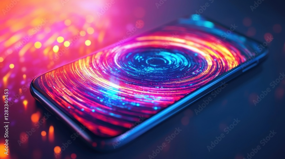 Poster colorful swirling digital vortex displayed on a smartphone screen represents innovative cyber securi
