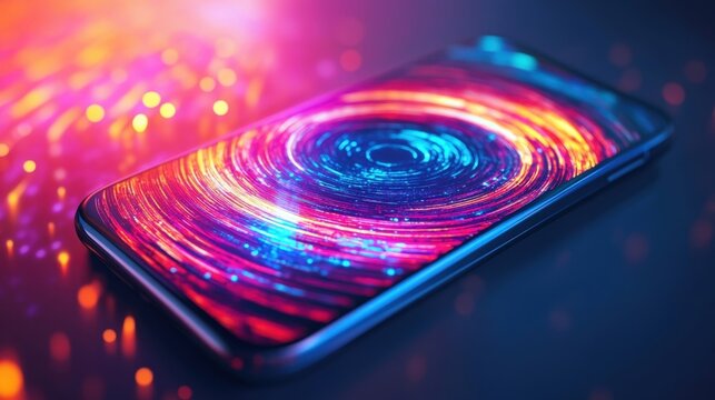 Colorful swirling digital vortex displayed on a smartphone screen represents innovative cyber security measures, protecting data in a vibrant and dynamic way