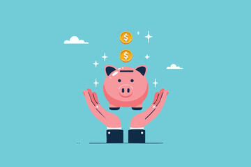 Growing Savings, Hands Holding a Piggy Bank as Dollar Coins Drop In
