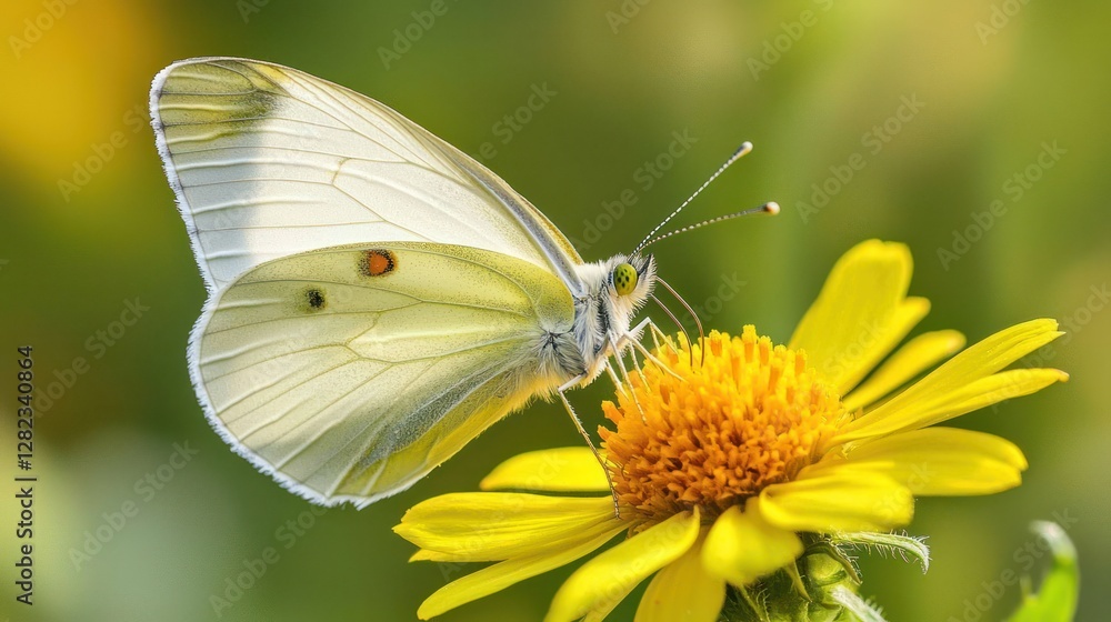 Wall mural Close-up of a white butterfly feeding on a yellow flower.