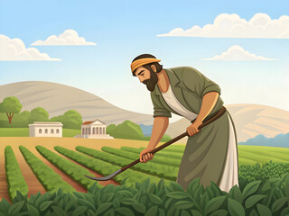 Antiker Bauer arbeitet auf dem Feld