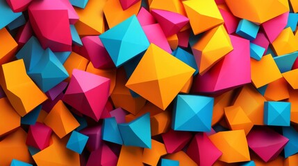 Obraz premium Pile of Vibrant Pink Orange and Blue Geometric Polyhedral Shapes Abstract Backdrop
