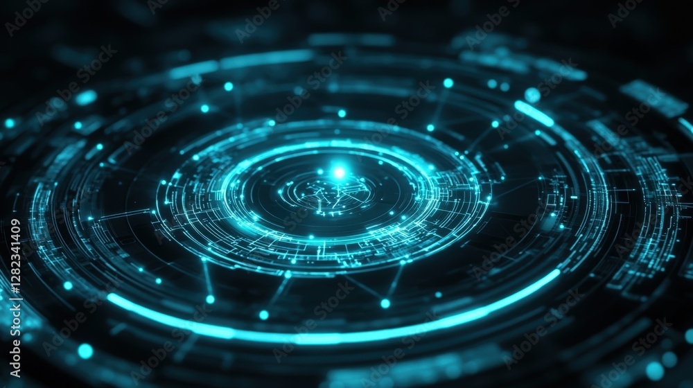 Poster glowing holographic circular interface visualizing complex data streams, representing advanced techn