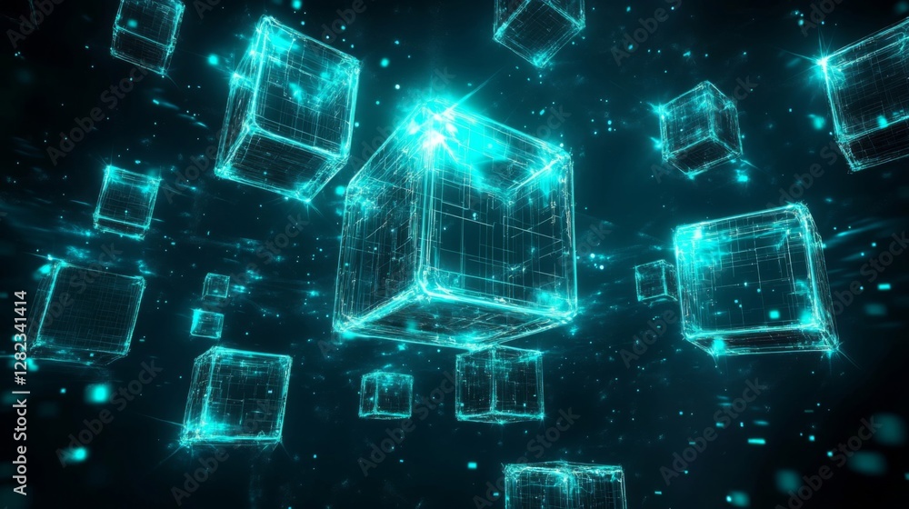 Poster floating luminous blue cubes in dark space abstract geometric background pattern